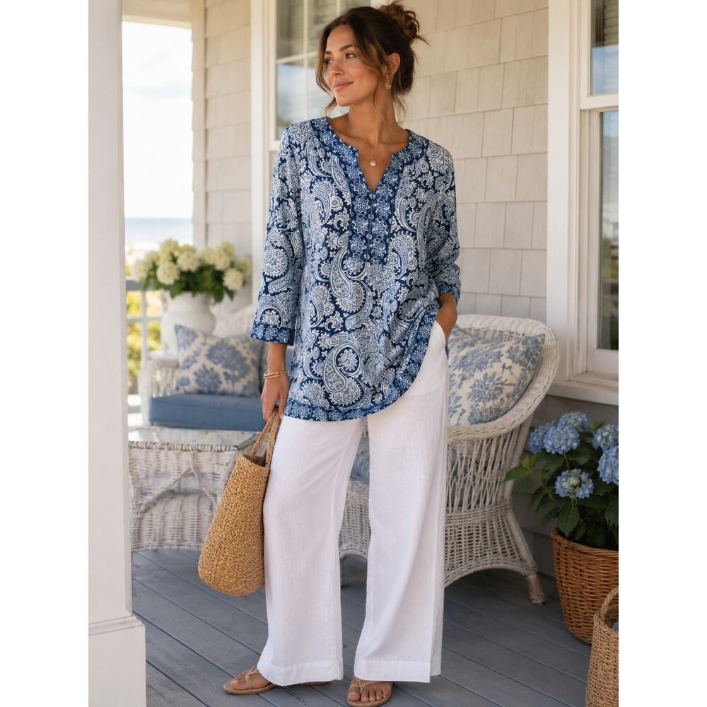 Gretchen Scott Blue Paisley Tunic Coastal Cottagecore Resort Vacation Blouse S